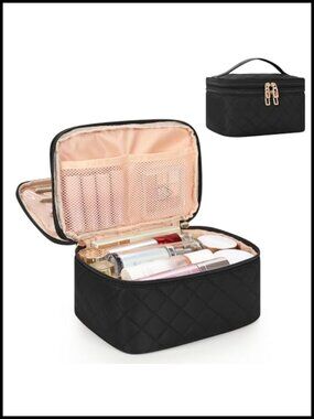 Large Travel Makeup Bag with Brush Compartment, Double Layer Design, Portable